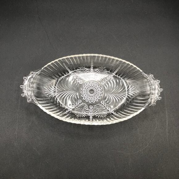 Vintage Anchor Hocking Clear Glass Relish Dish #124 Ferns Feathers Pearls Dots - Picture 2 of 6